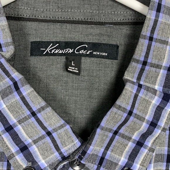 NWOT Men’s Kenneth Cole Grey Checked 100% Cotton Button Down Shirt Size Large - Picture 2 of 7